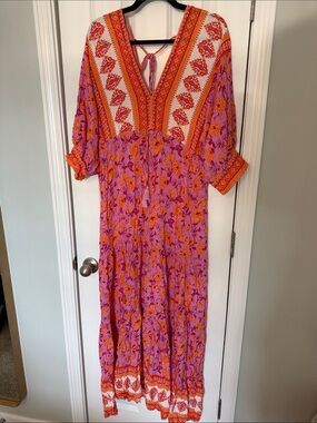 Aakaa Pink and Orange Boho Floral Maxi Dress